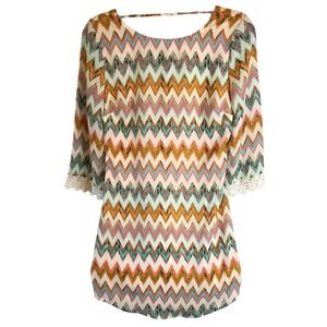 Accidentally In Love Chevron multi color print 3/4 Sleeve boho Dress Sz 3